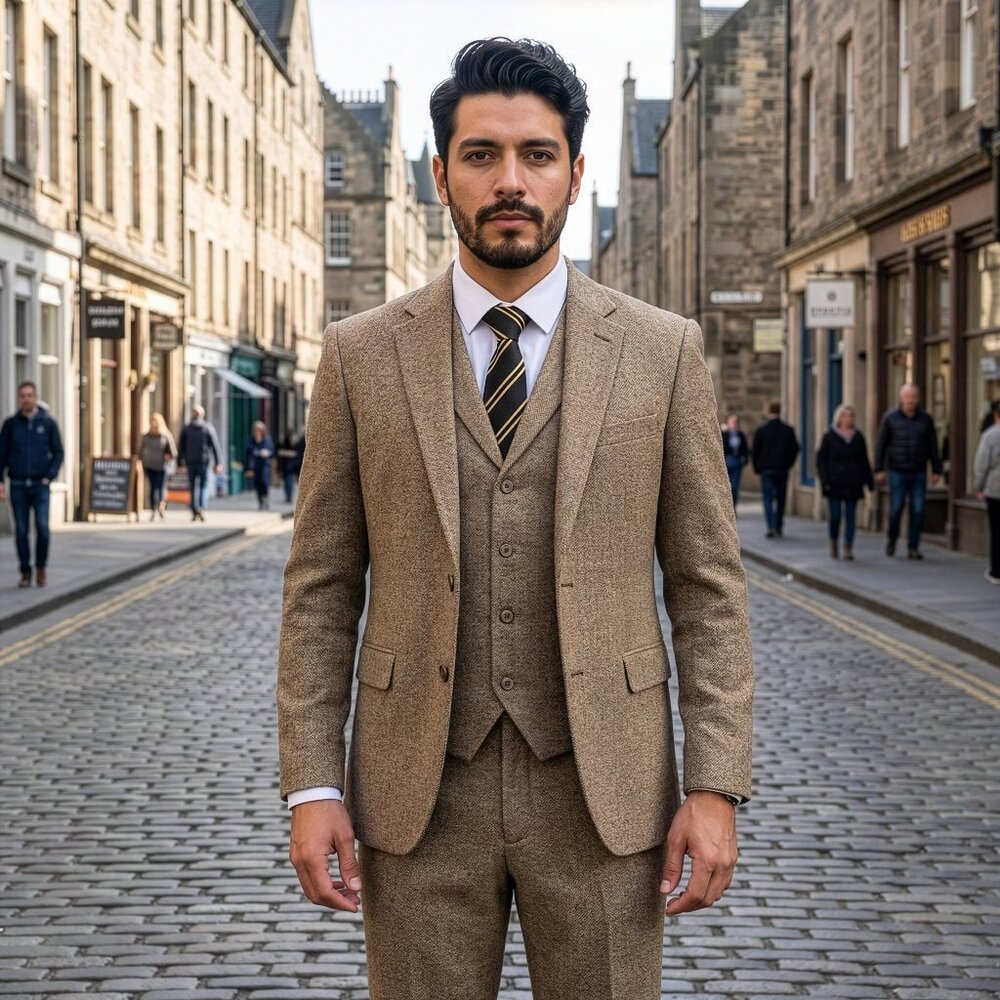 Hybrid Fit Classic Tweed Tan Mens Suit by Sean Alexander